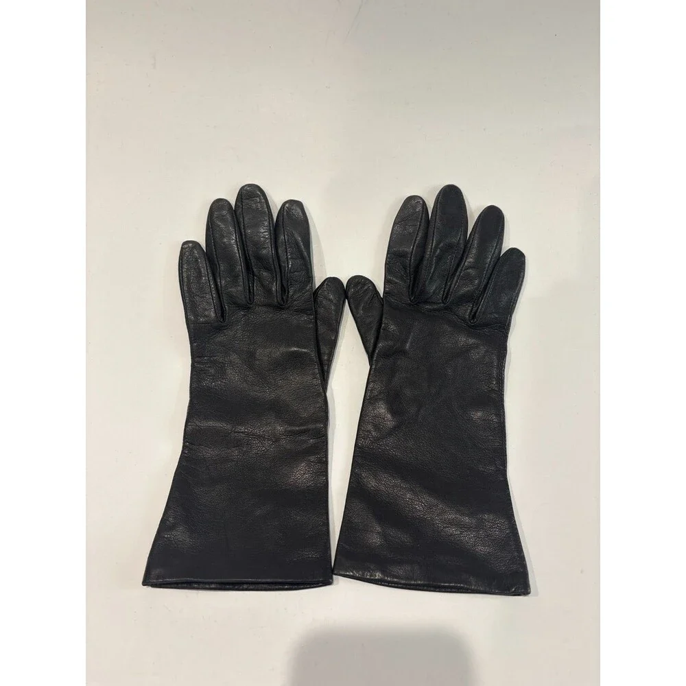 Lord & Taylor Black Leather Long Gloves Silk Lined Women's Size 6.5